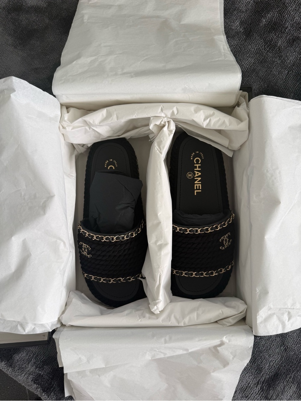 CHANEL Black Quilted Slide Sandals with Gold Chain - Picture 1 of 7